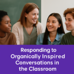 A classroom scene with a diverse group of high school students and a teacher engaged in thoughtful conversation, all smiling politely and appearing curious and attentive.