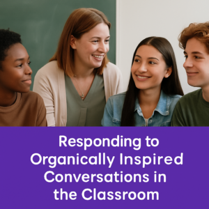 A classroom scene with a diverse group of high school students and a teacher engaged in thoughtful conversation, all smiling politely and appearing curious and attentive.